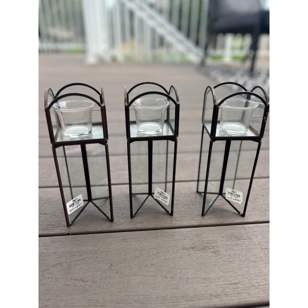 Pier 1 Imports Glass Metal Votive Candle Holder Set of 3 Bronze Tripod Lanterns